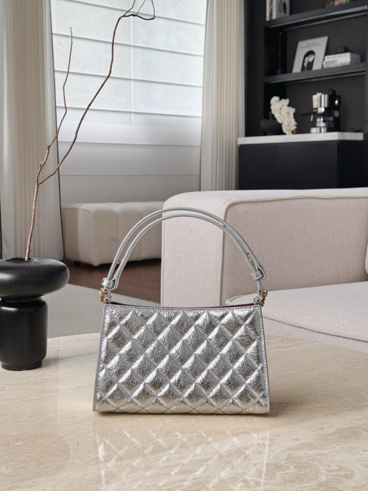 Chanel 26P Silver Quilted Leather Shoulder Bag – Double Straps