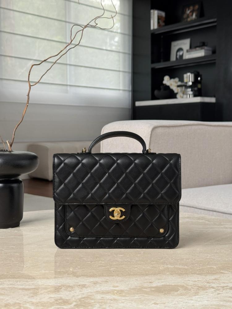 Chanel 25FW 25B Kare Sırt Çantası Zincir Üst Saplı Sırt Çantası Siyah