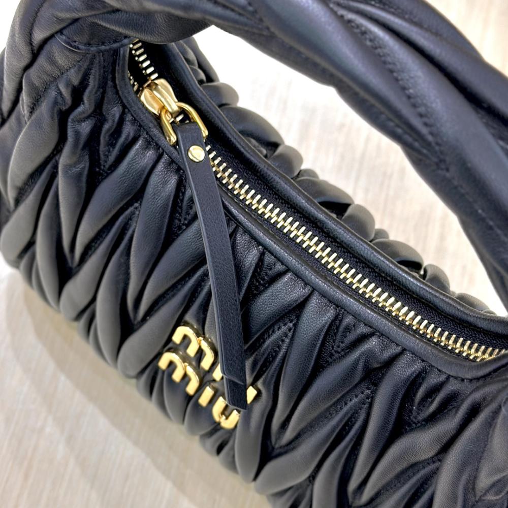 Miu Miu Wander Matelassé Black Napa Leather Hobo Small Women's Handbag