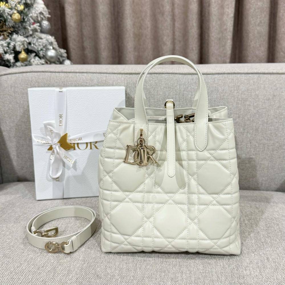 Small Dior Toujours Vertical Tote Bag Powder Beige Macrocannage Calfskin