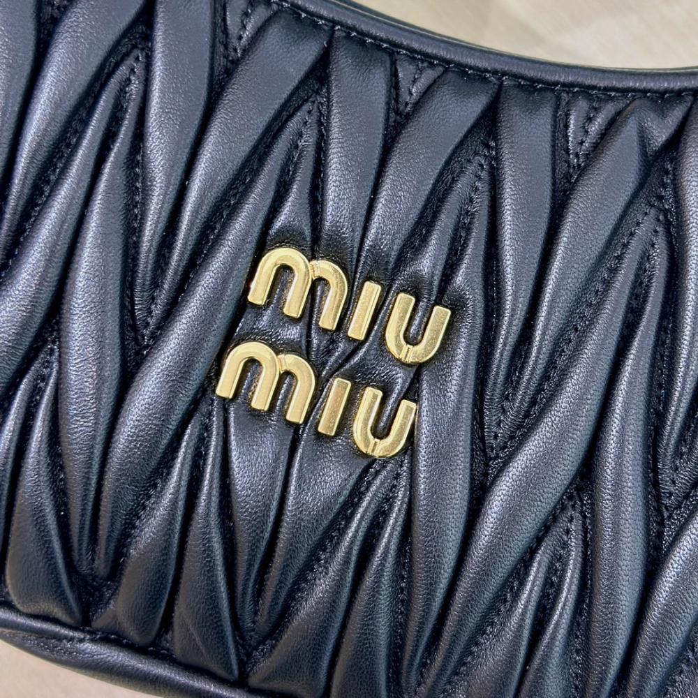 Miu Miu Wander Matelassé Black Napa Leather Hobo Small Women's Handbag