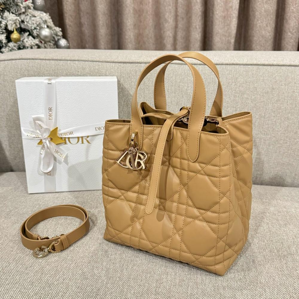 Small Dior Toujours Vertical Tote Bag Powder Beige Macrocannage Calfskin