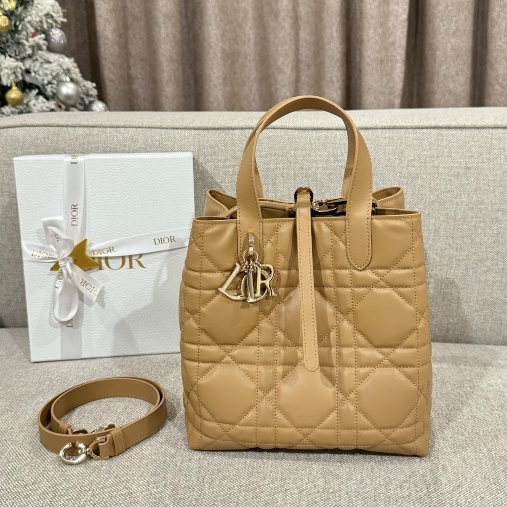 Small Dior Toujours Vertical Tote Bag Powder Beige Macrocannage Calfskin