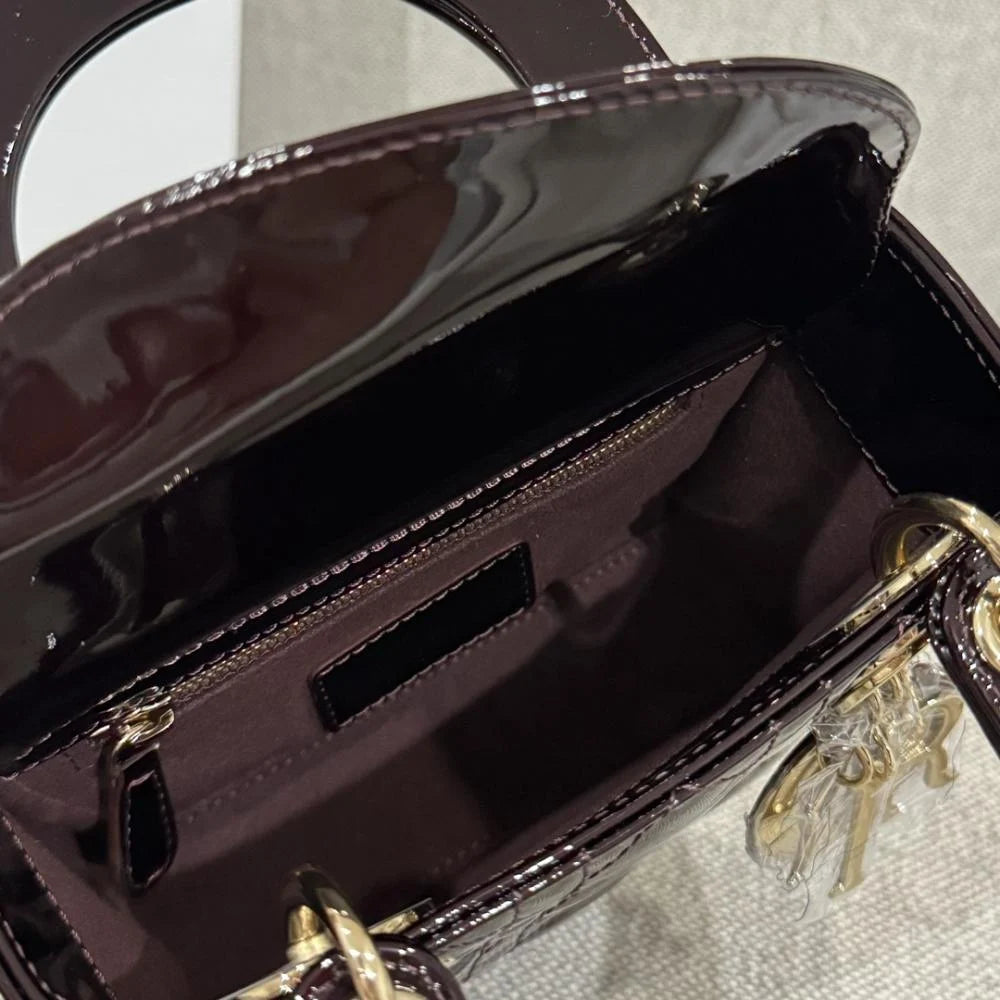Dior Lady Mini Patent Leather Claret Red Bag 