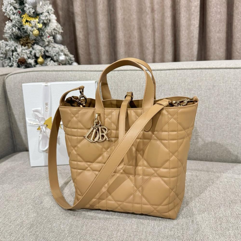 Small Dior Toujours Vertical Tote Bag Powder Beige Macrocannage Calfskin