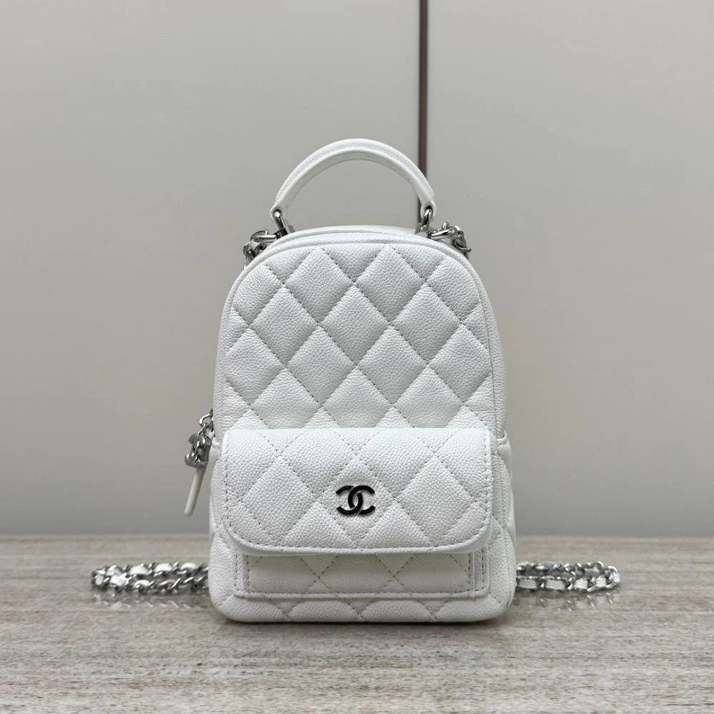 Chanel Kapitone Küçük CC Günlük Sırt Çantası Beyaz Havyar Gümüş Donanım