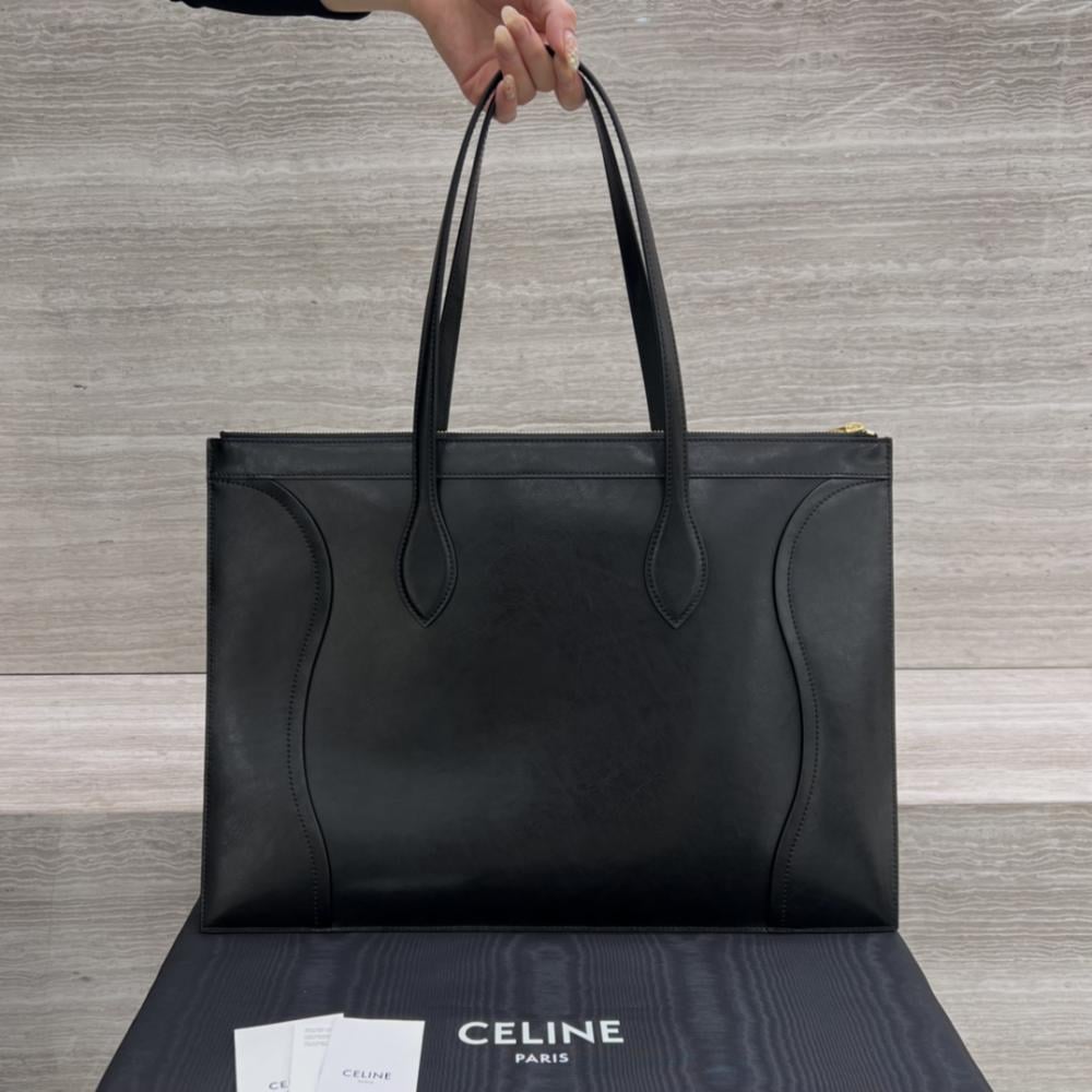 حقيبة سفر CELINE Flat Cabas الجديدة من جلد العجل اللامع - أسود
