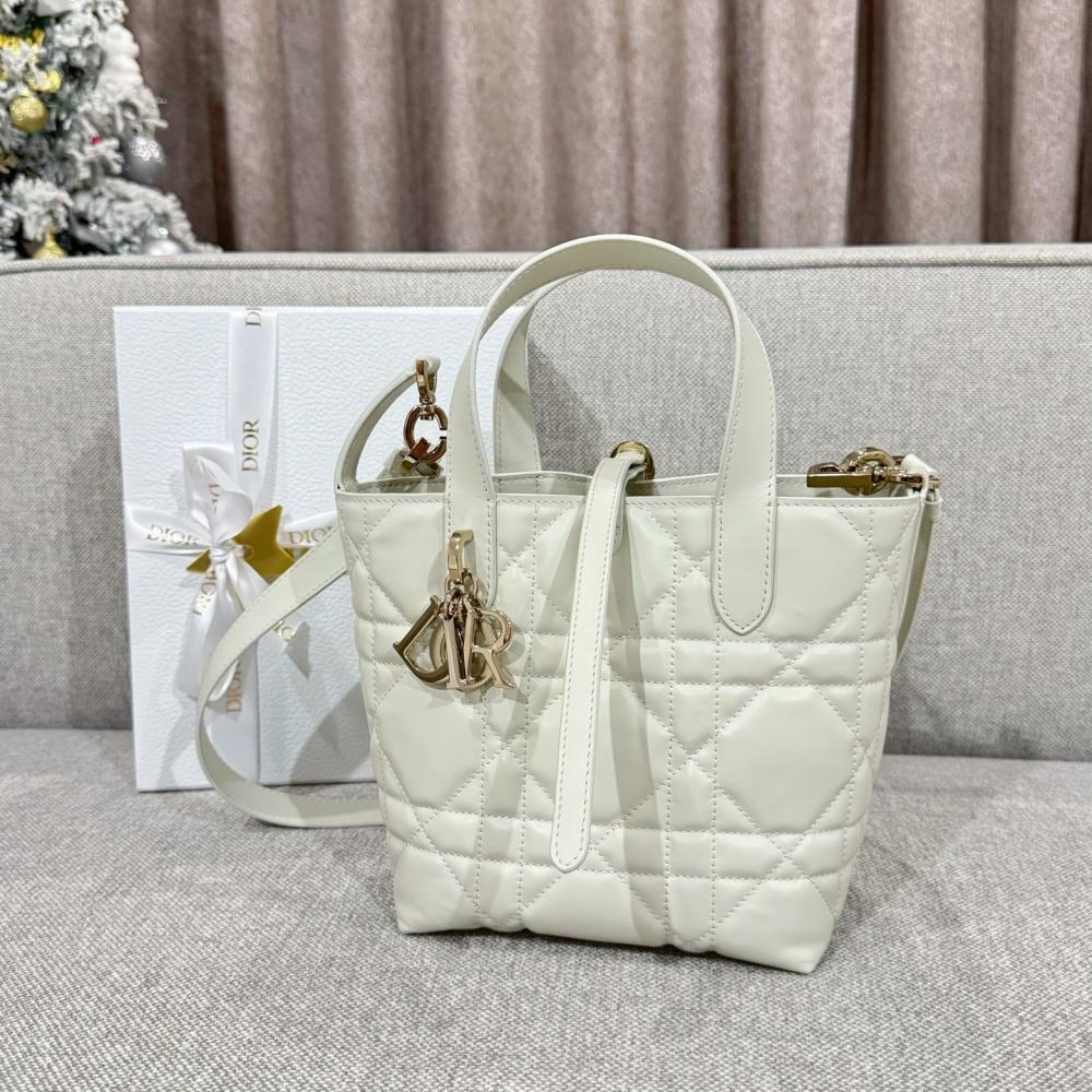Small Dior Toujours Vertical Tote Bag Powder Beige Macrocannage Calfskin