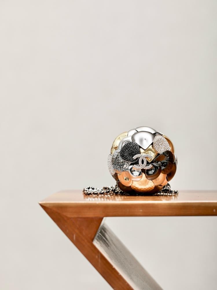 Chanel 24A Metallic Crystal Silver Camellia Ball Shaped Miniature