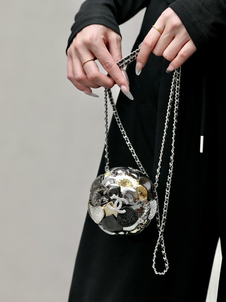 Chanel 24A Metallic Crystal Silver Camellia Ball Shaped Miniature