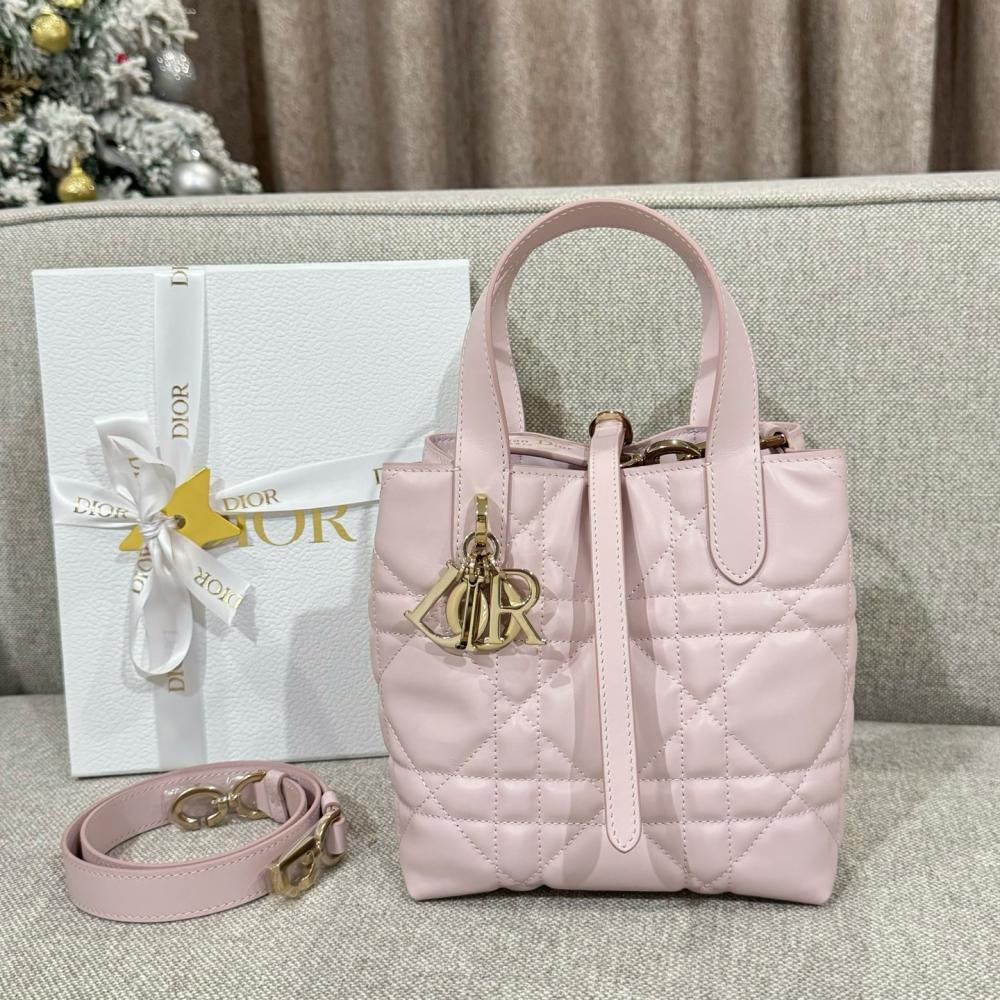 Small Dior Toujours Vertical Tote Bag Powder Beige Macrocannage Calfskin