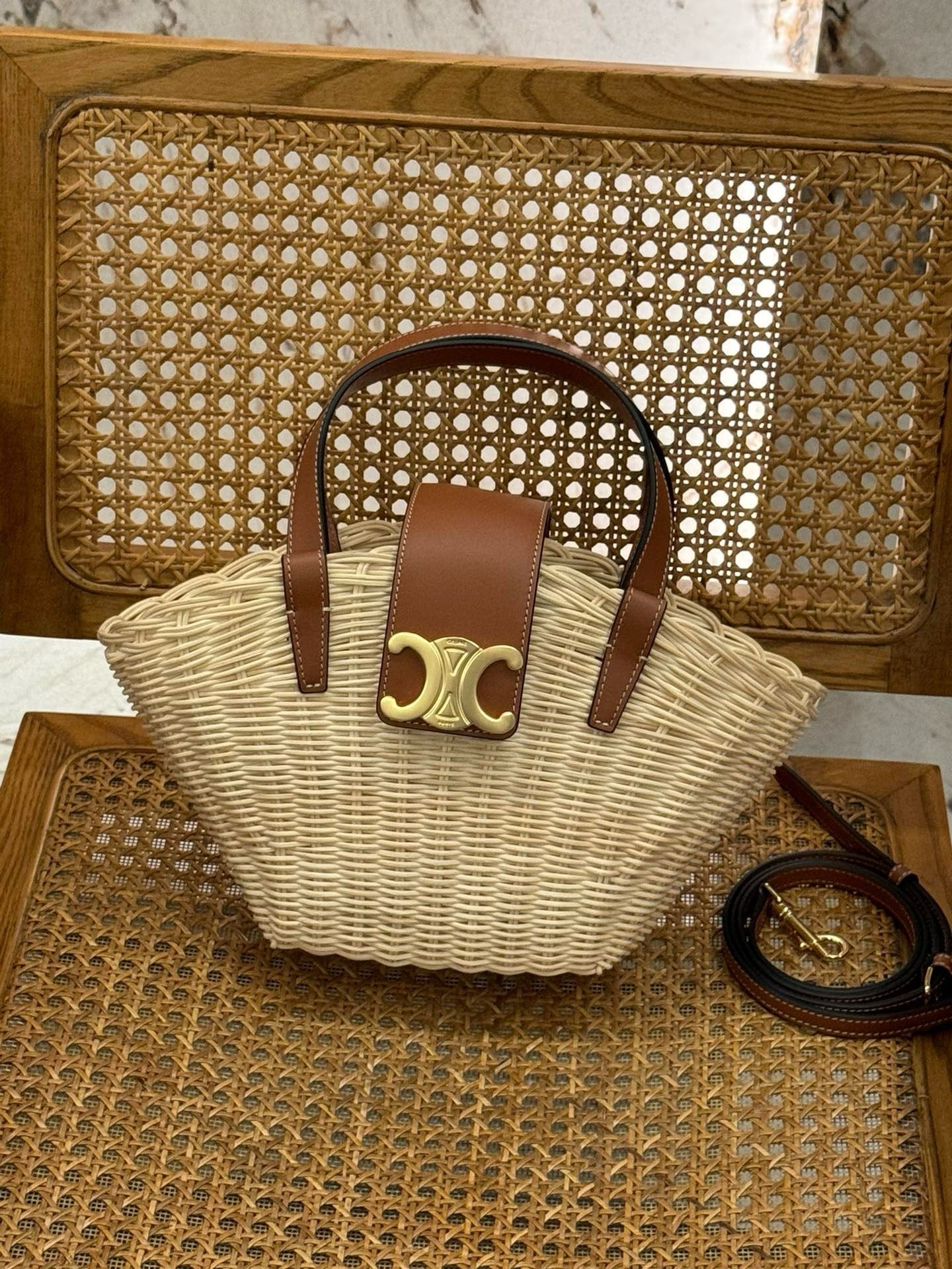 Celine Teen Coufin Straw and Natural Calfskin Bag 