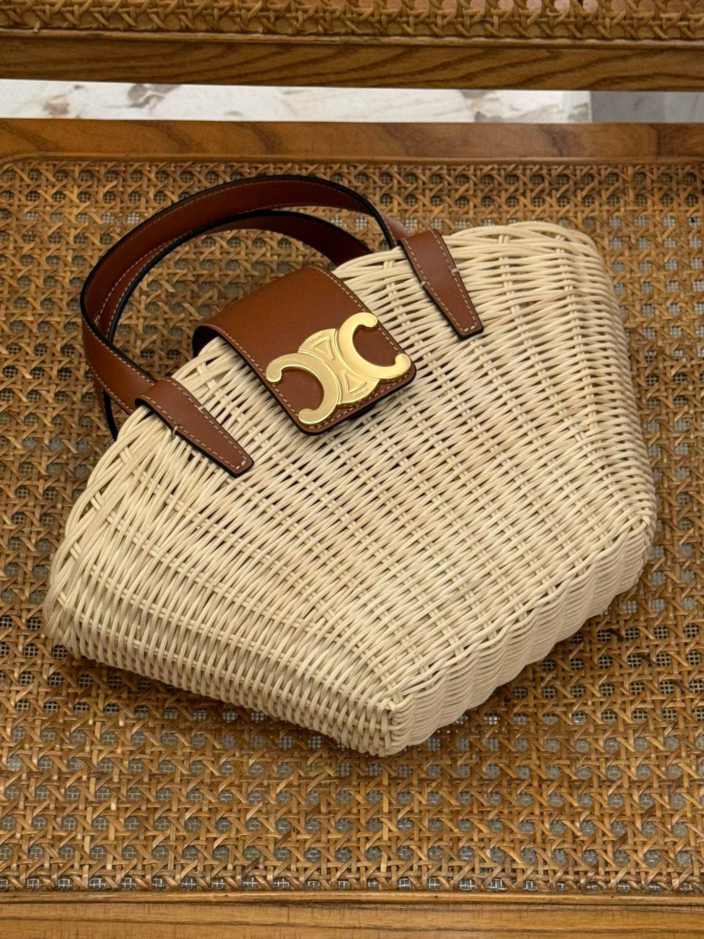 Celine Teen Coufin Straw and Natural Calfskin Bag 