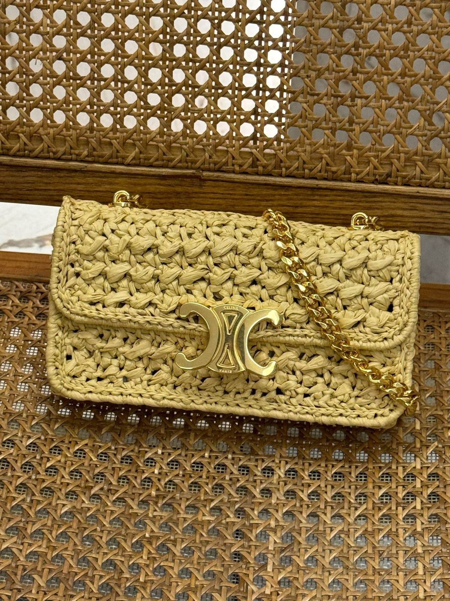 Celine Chain Shoulder Bag Claude Raffia Effect Textile 