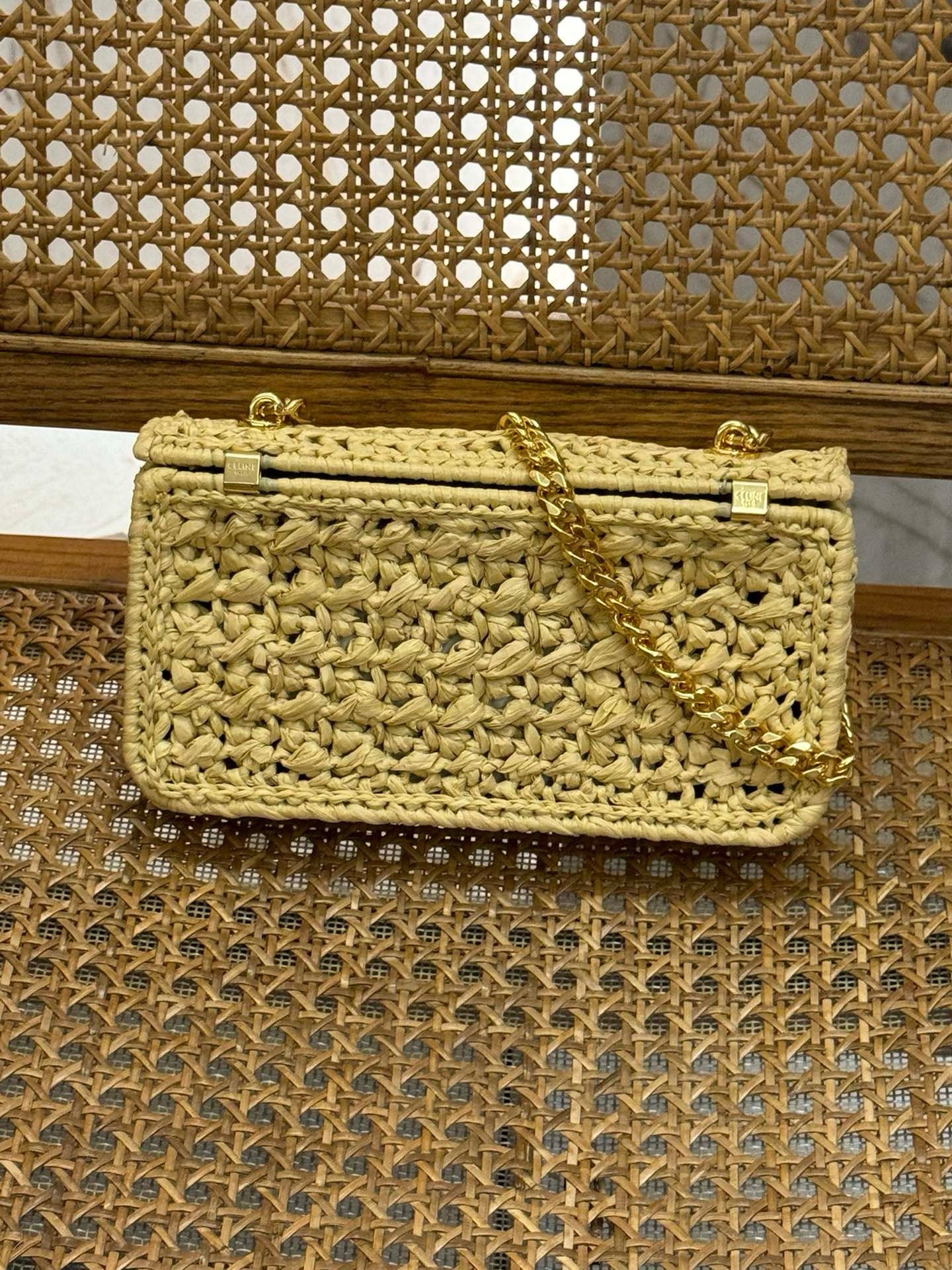 Celine Chain Shoulder Bag Claude Raffia Effect Textile 