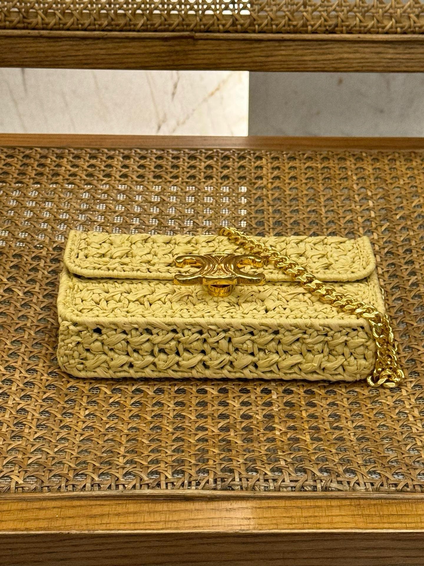 Celine Chain Shoulder Bag Claude Raffia Effect Textile 