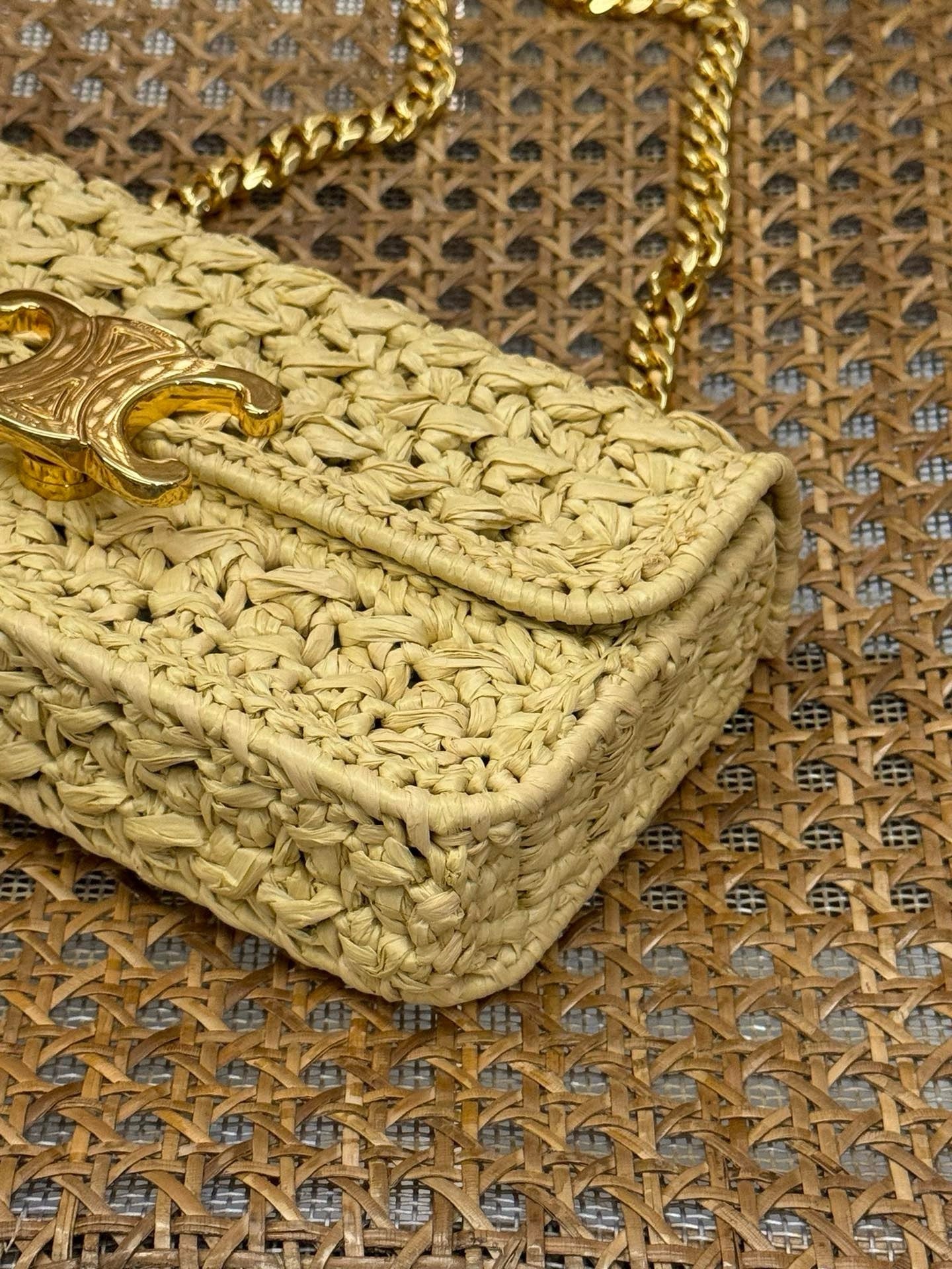 Celine Chain Shoulder Bag Claude Raffia Effect Textile 