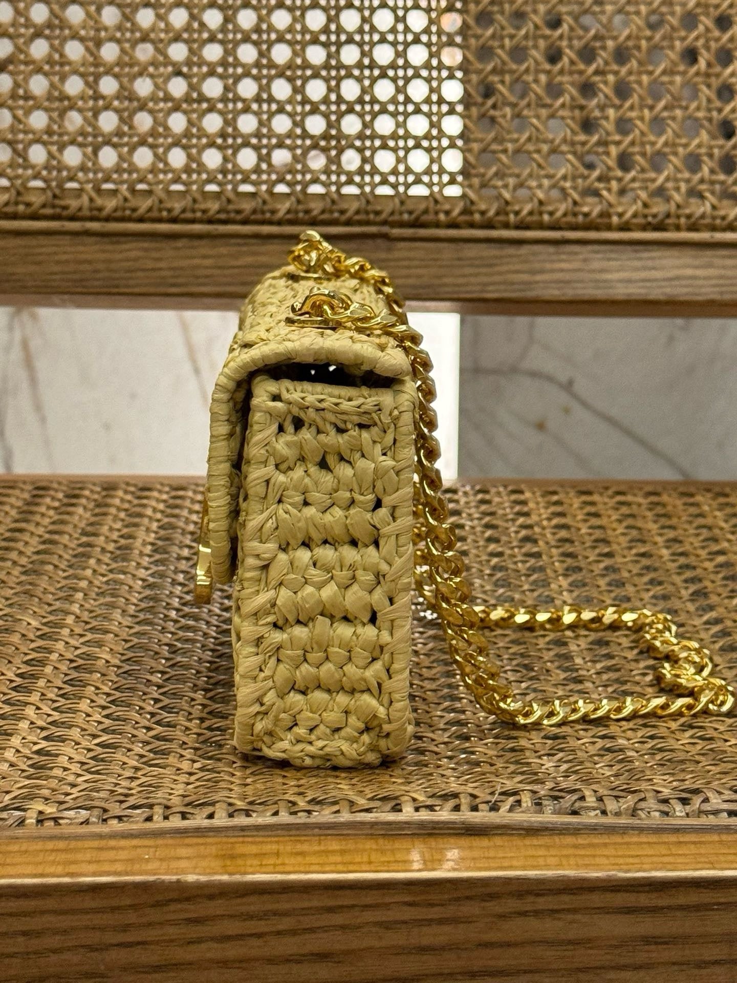 Celine Chain Shoulder Bag Claude Raffia Effect Textile 