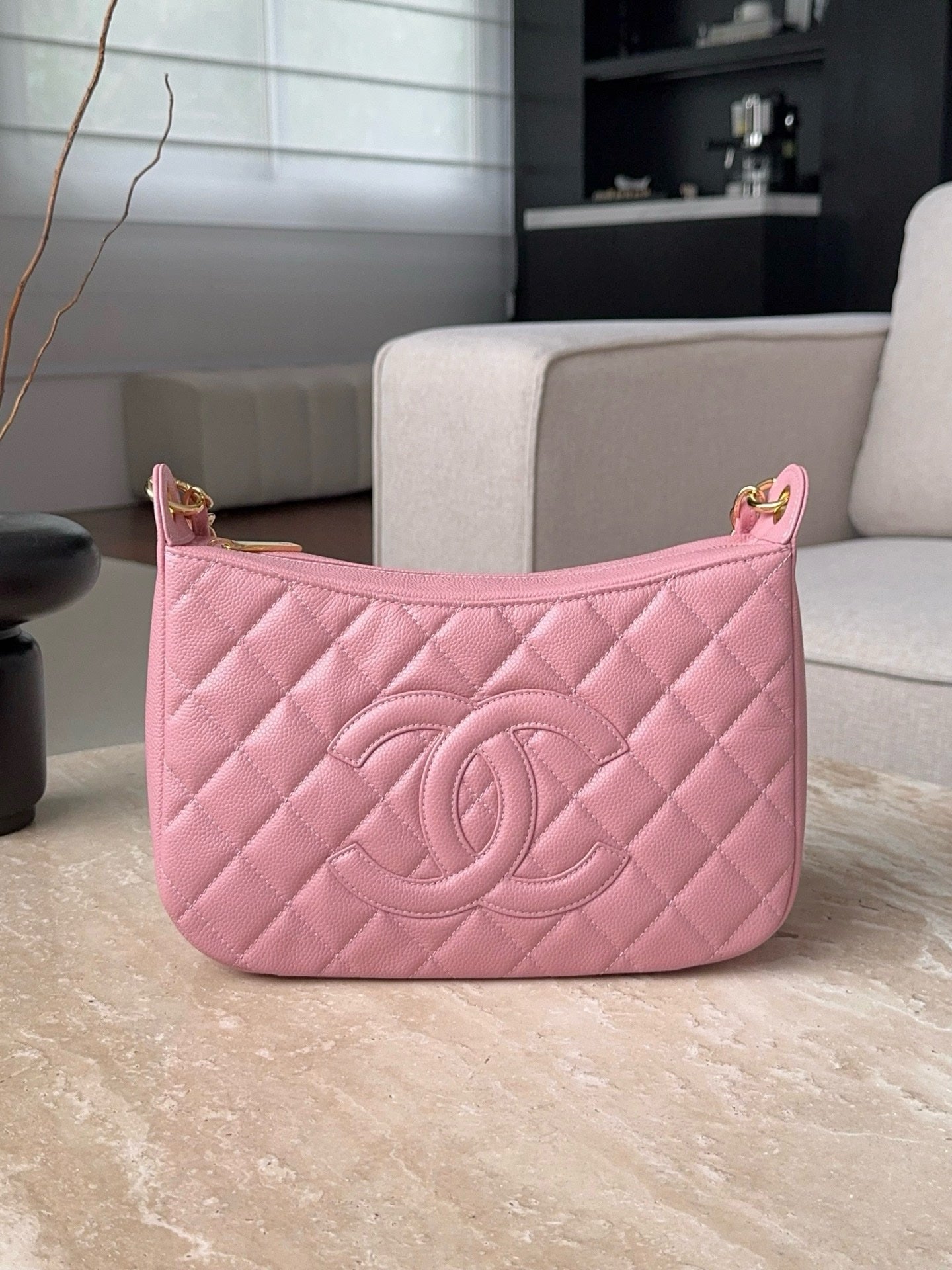 Chanel Pink Quilted Caviar Leather Vintage Timeless Hobo Bag