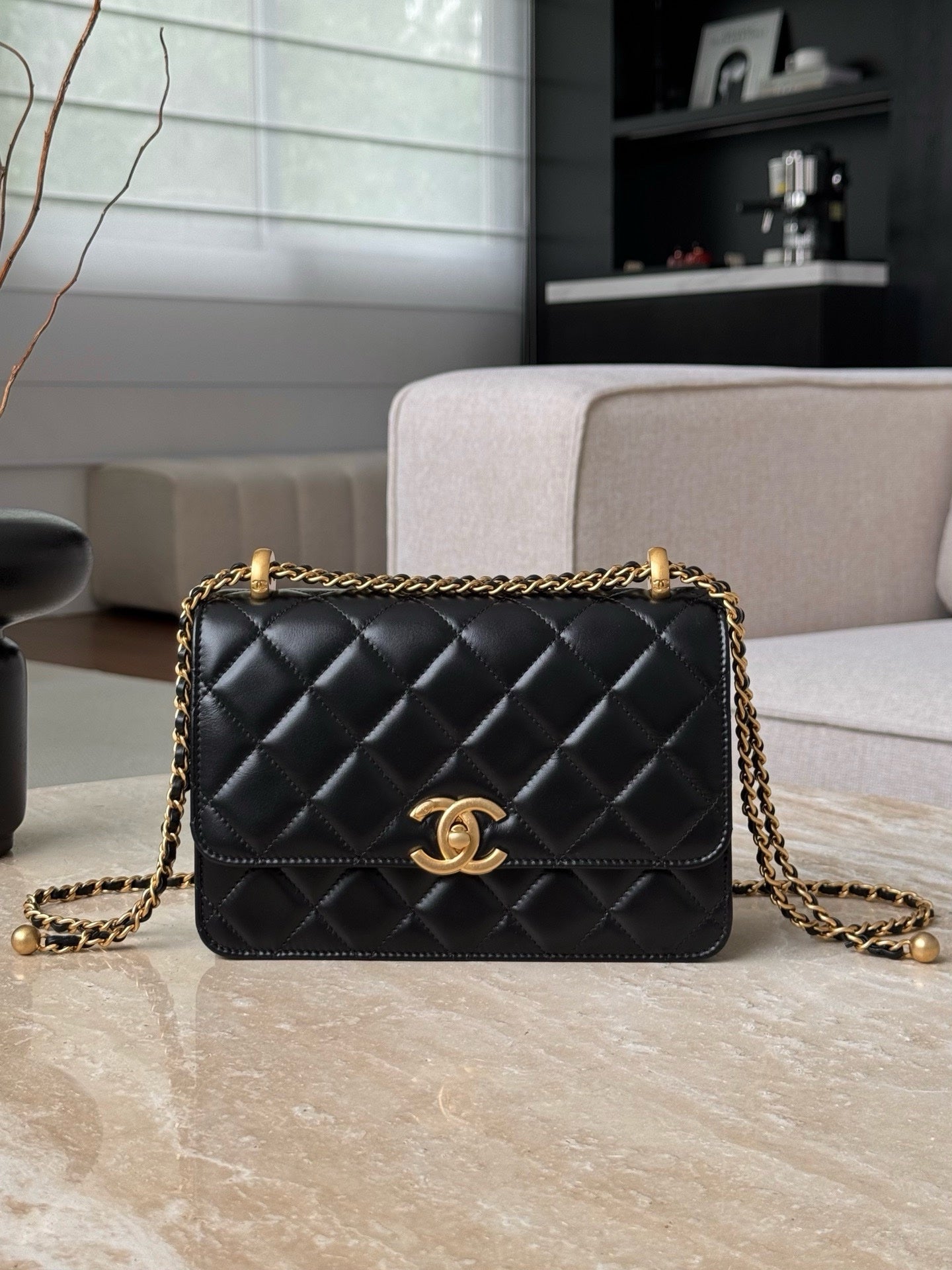 Chanel Mini Çift إنسي إزميسي 19cm جلد بقر أسود GHW