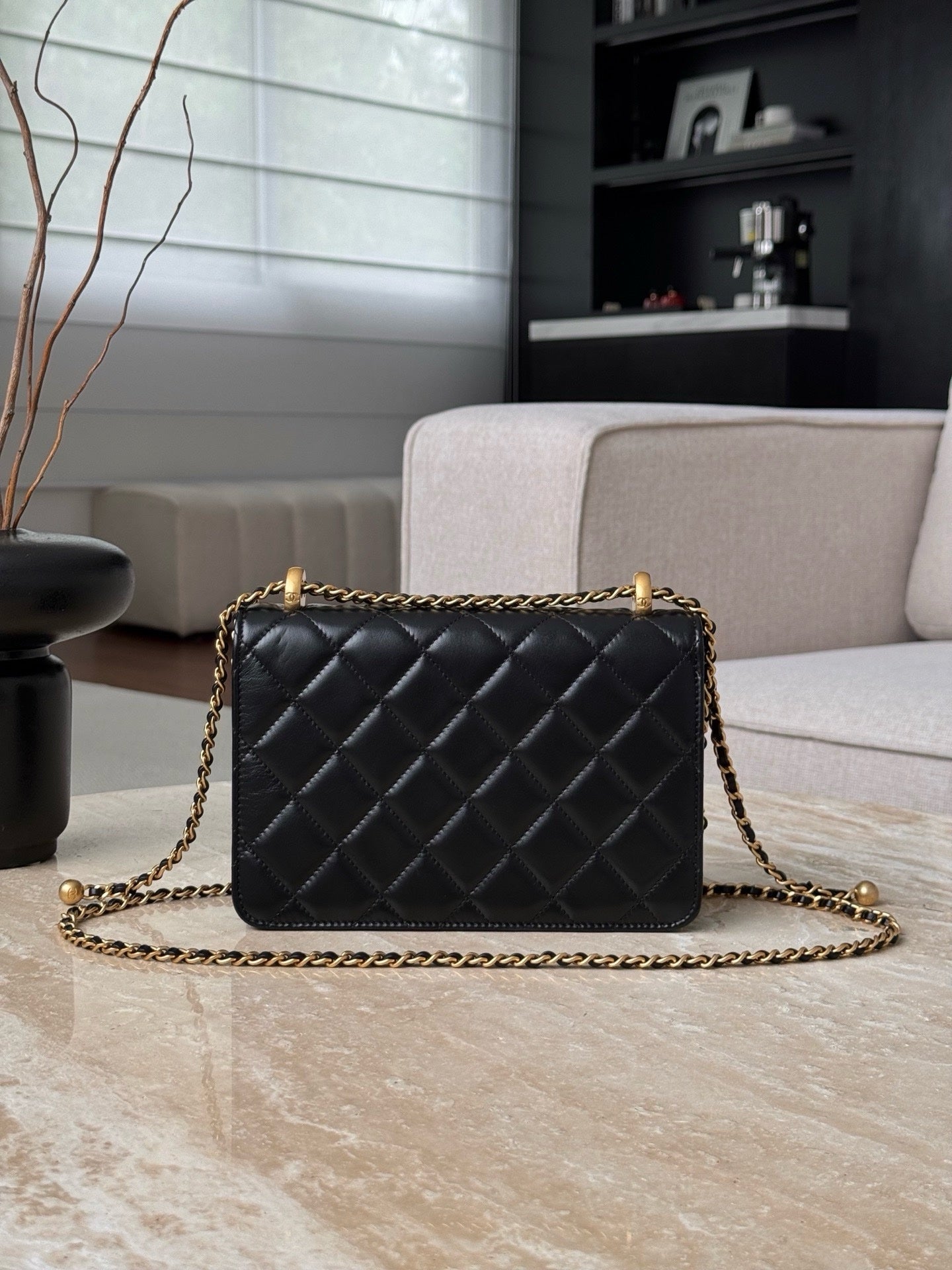 Chanel Mini Çift إنسي إزميسي 19cm جلد بقر أسود GHW