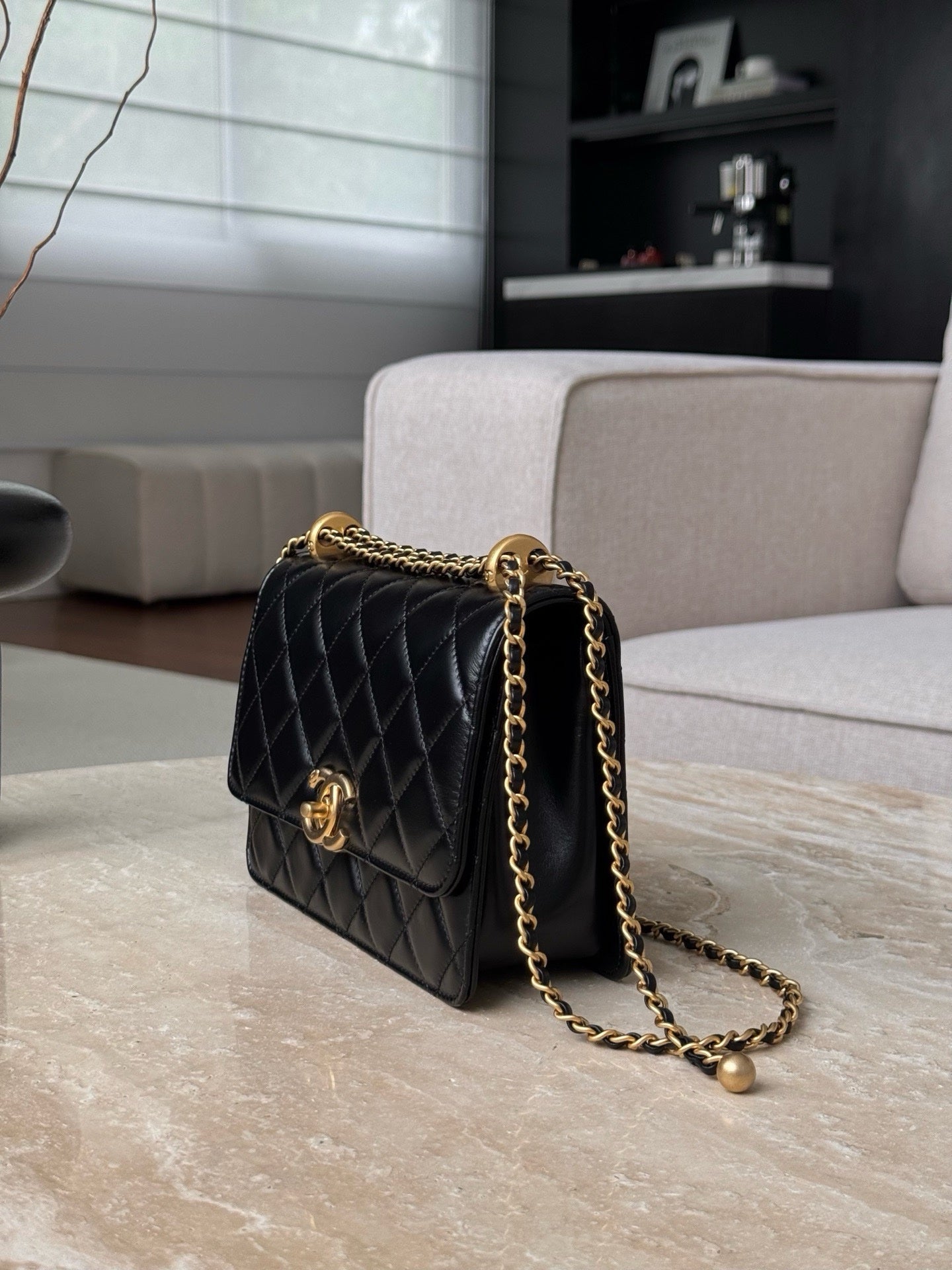 Chanel Mini Çift إنسي إزميسي 19cm جلد بقر أسود GHW