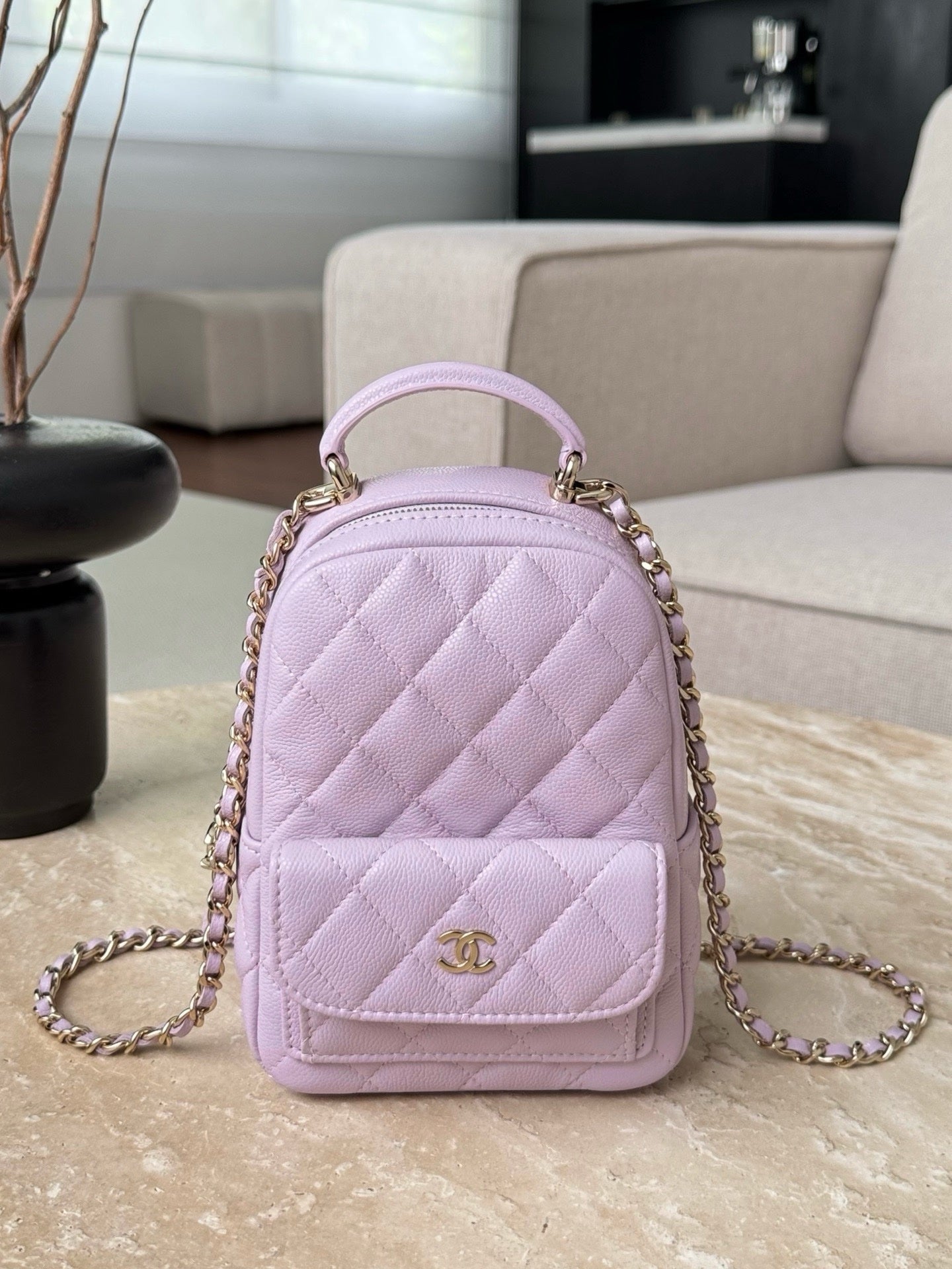 Chanel Havyar Kapitone CC Mini Klasik Sırt Çantası Leylak