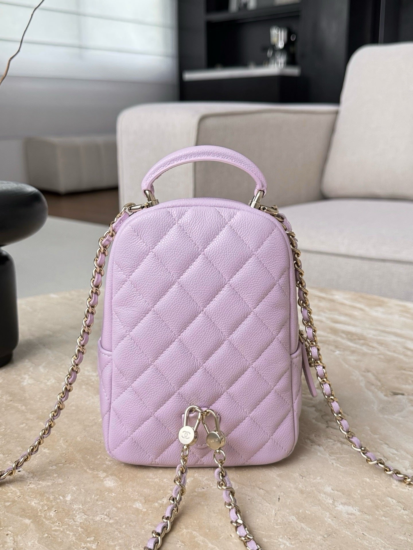 Chanel Havyar Kapitone CC Mini Klasik Sırt Çantası Leylak