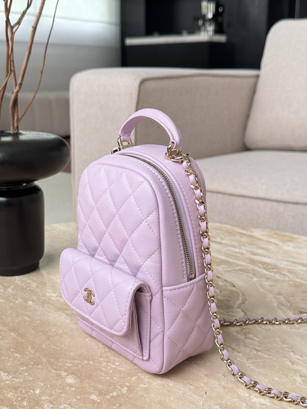 Chanel Havyar Kapitone CC Mini Klasik Sırt Çantası Leylak