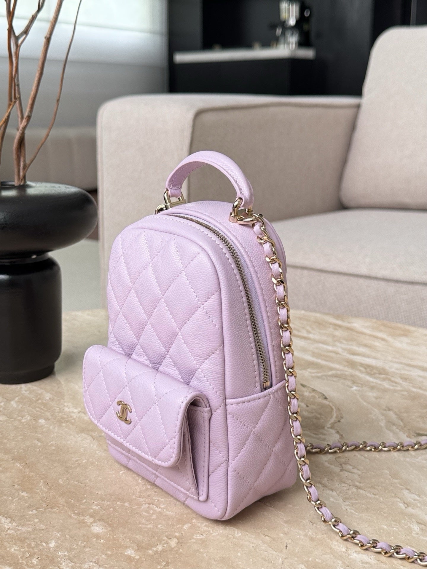 Chanel Havyar Kapitone CC Mini Klasik Sırt Çantası Leylak