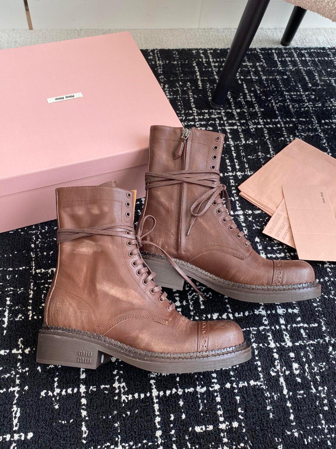 Miu Miu Bağcıklı Kahverengi Kadın Deri Bot - Glimmer of Luxury