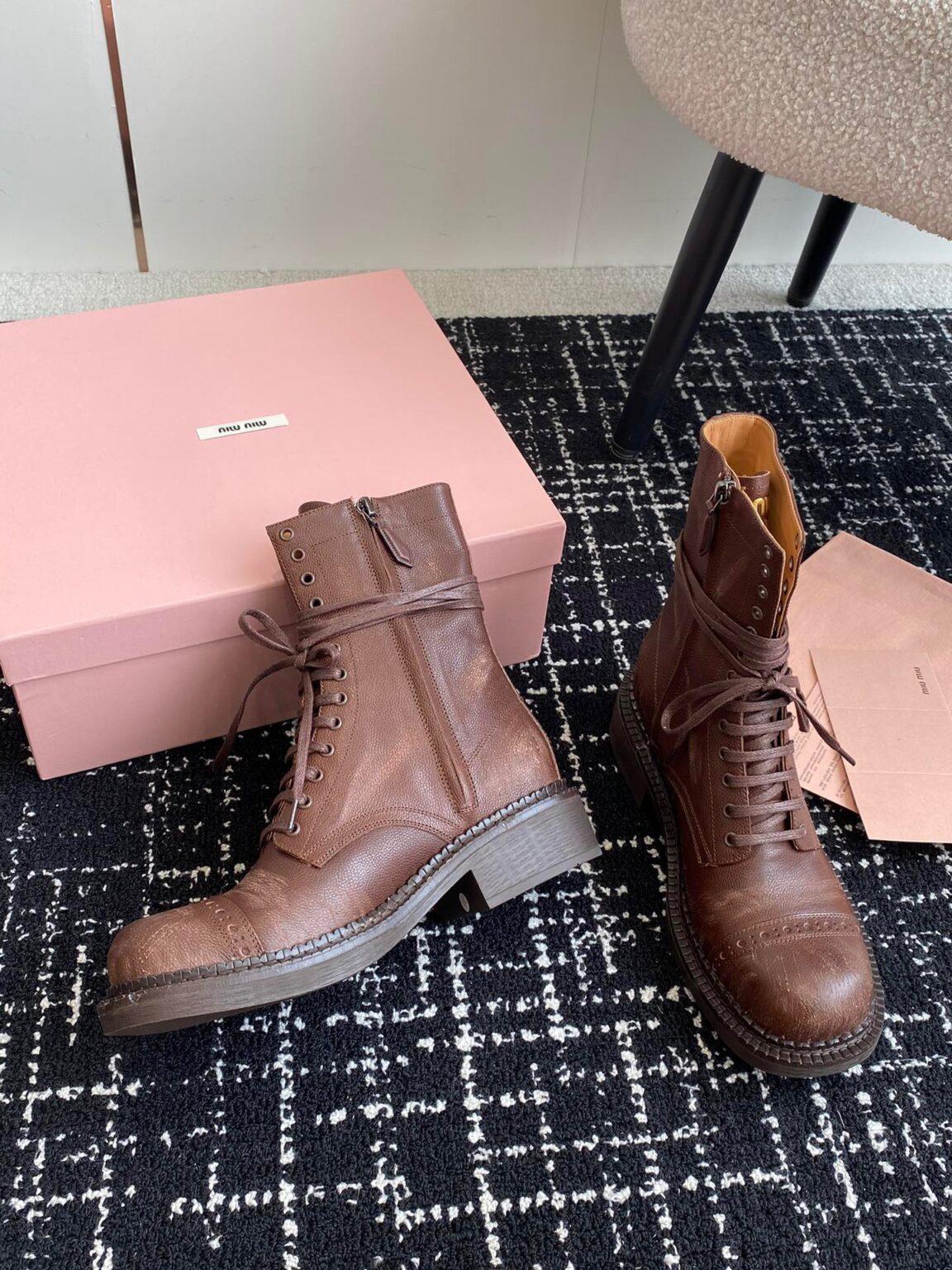 Miu Miu Bağcıklı Kahverengi Kadın Deri Bot - Glimmer of Luxury