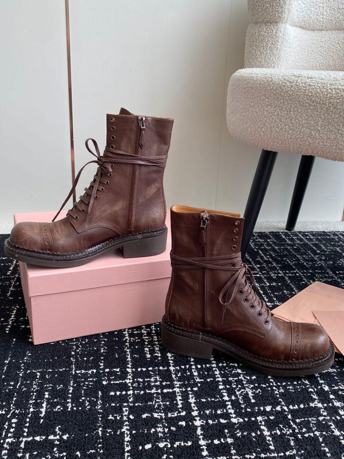 Miu Miu Bağcıklı Kahverengi Kadın Deri Bot - Glimmer of Luxury