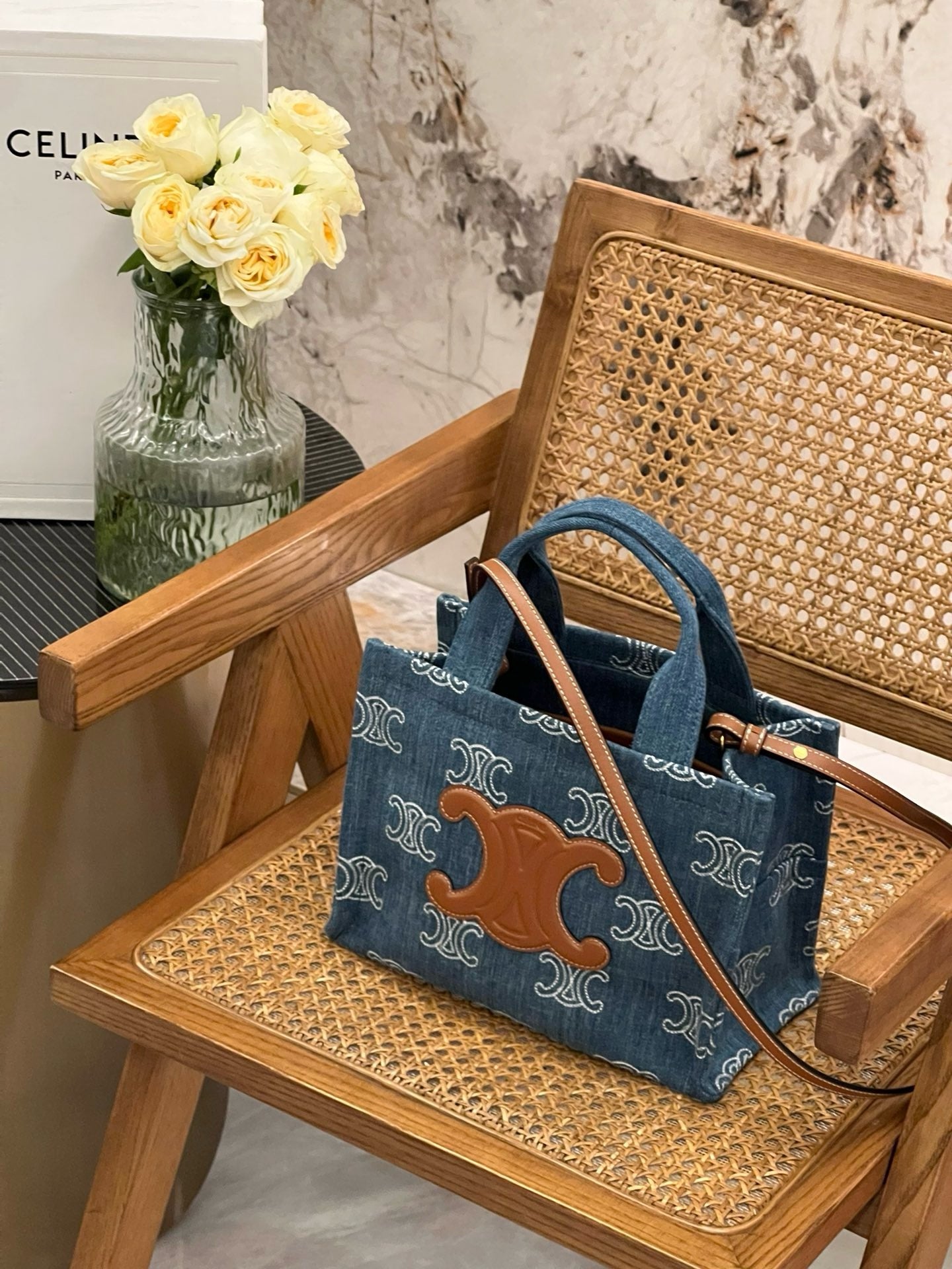 Celine Small Cabas Thais Triomphe Fully Embroidered Denim Bag 