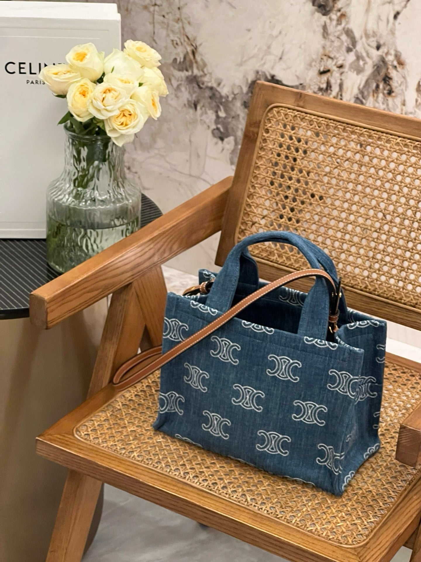 Celine Small Cabas Thais Triomphe Fully Embroidered Denim Bag 