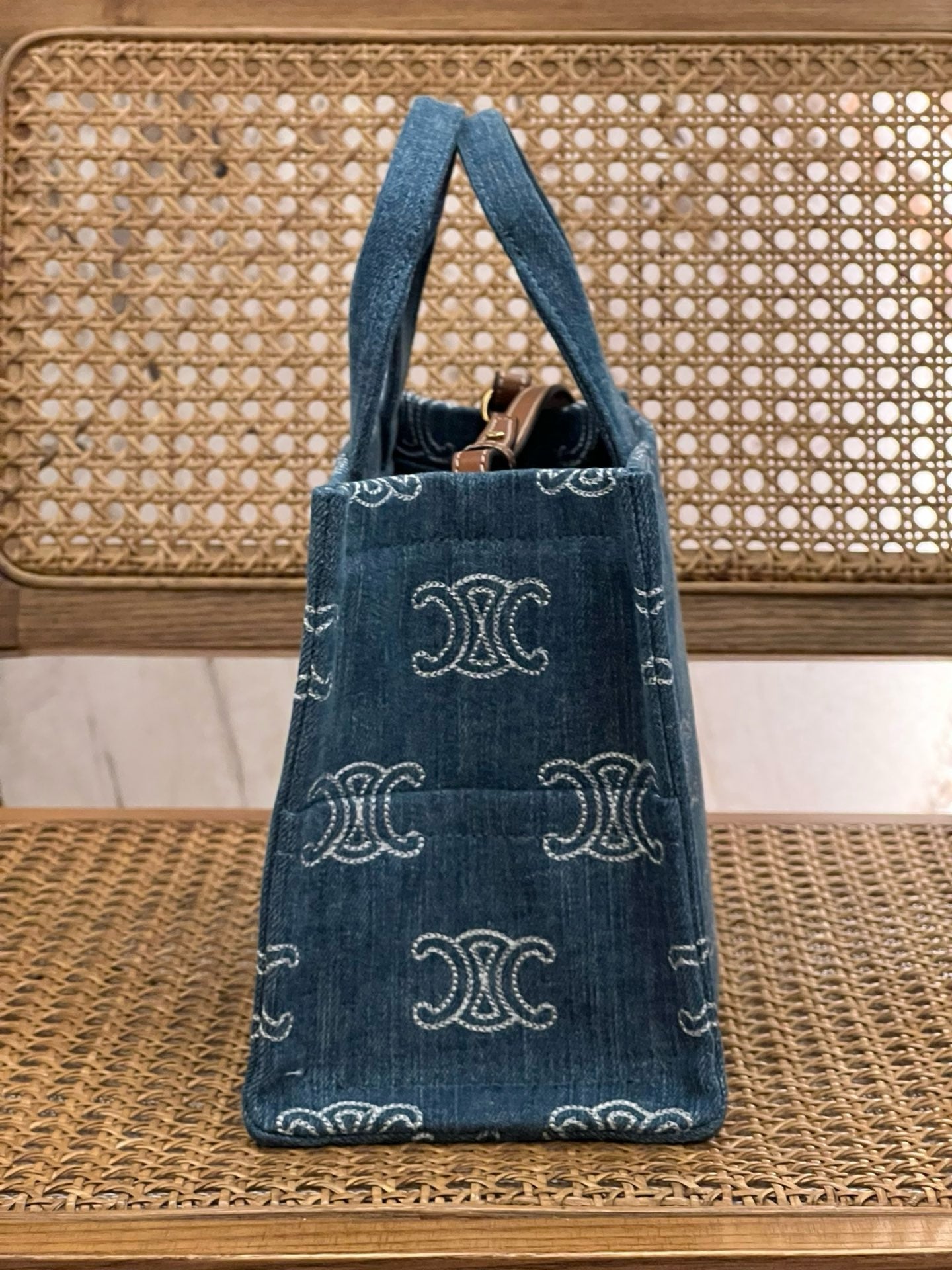 Celine Small Cabas Thais Triomphe Fully Embroidered Denim Bag 