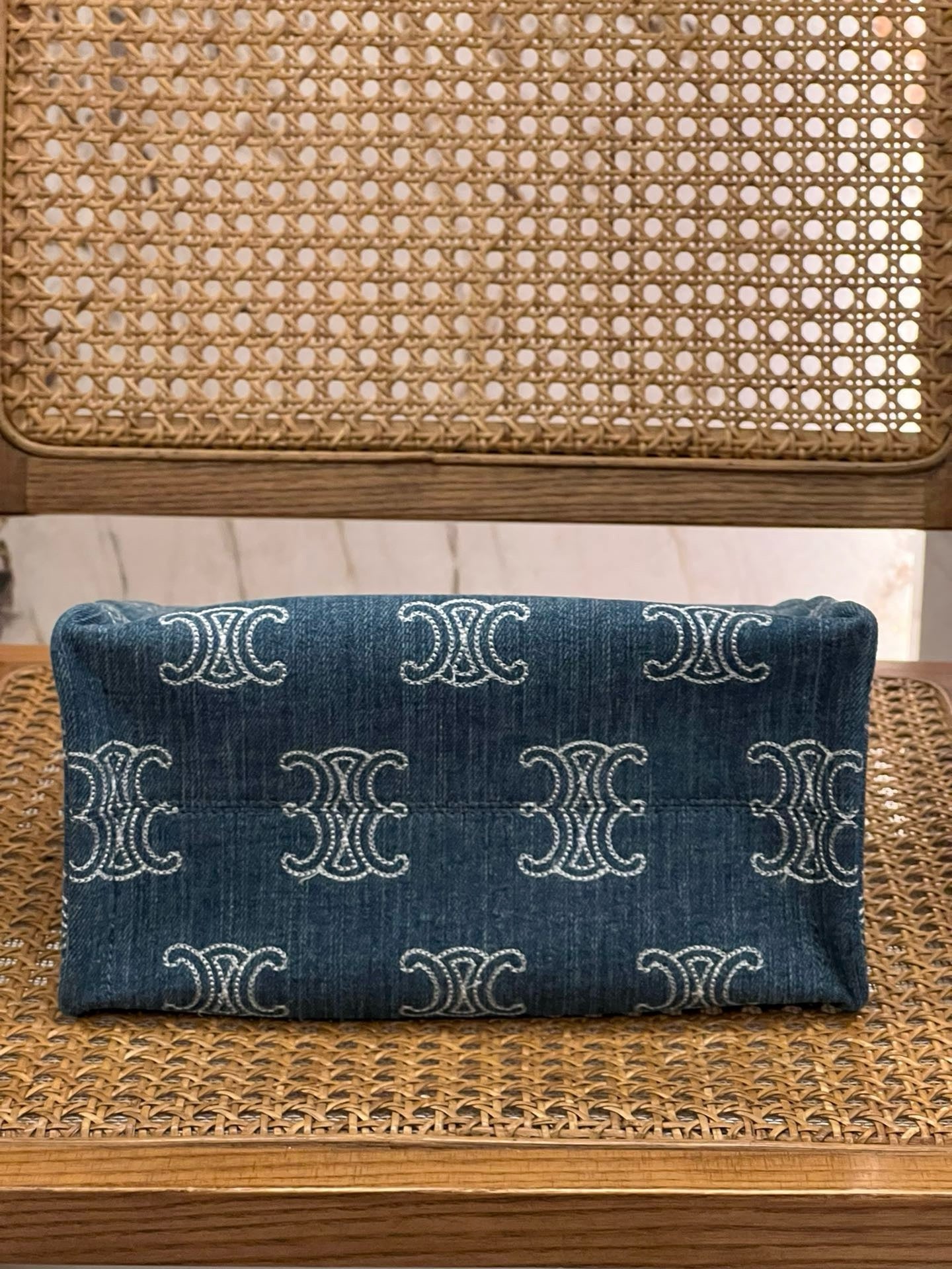 Celine Small Cabas Thais Triomphe Fully Embroidered Denim Bag 