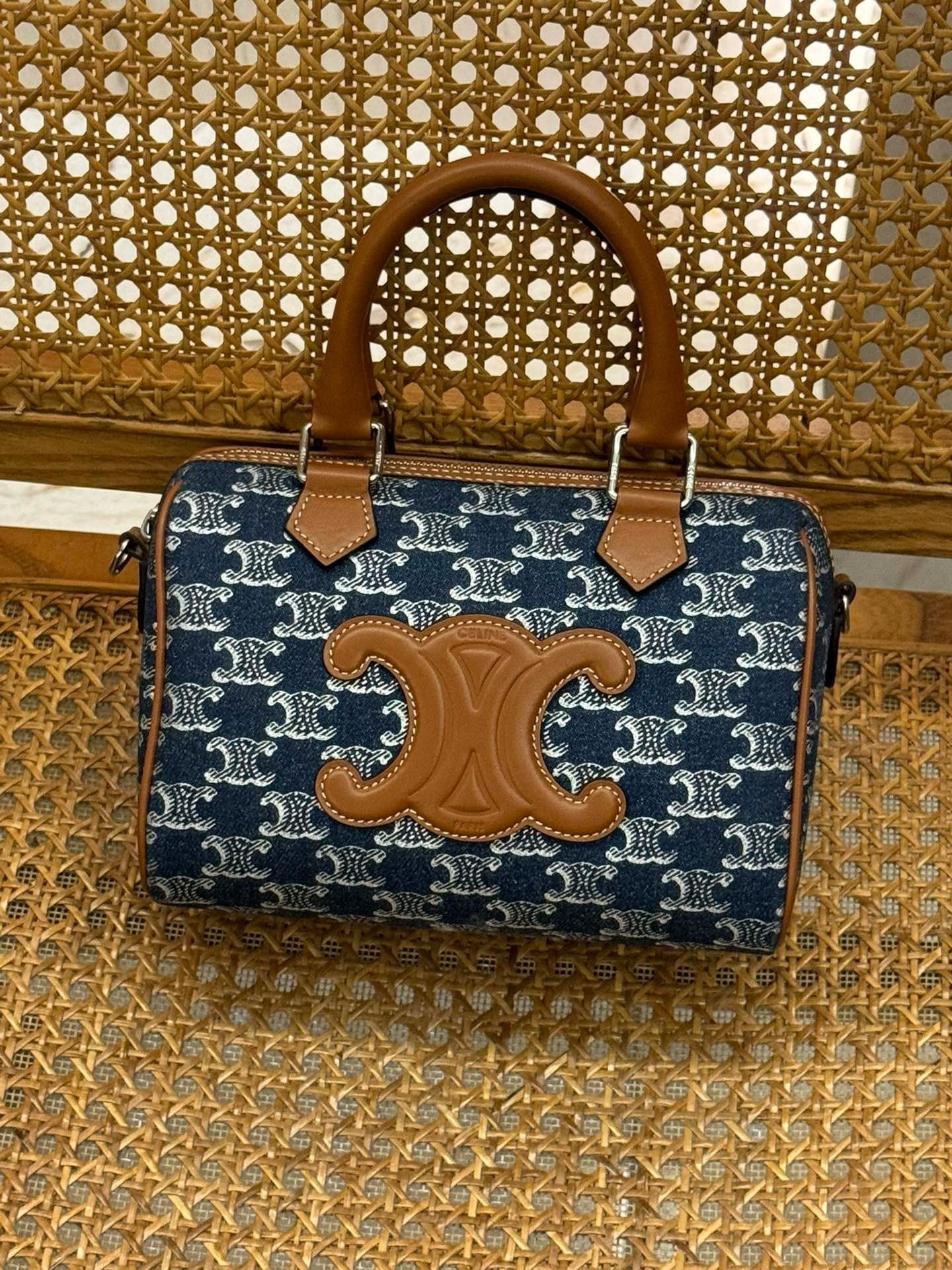CELINE Denim Leather Boston Bag Blue 