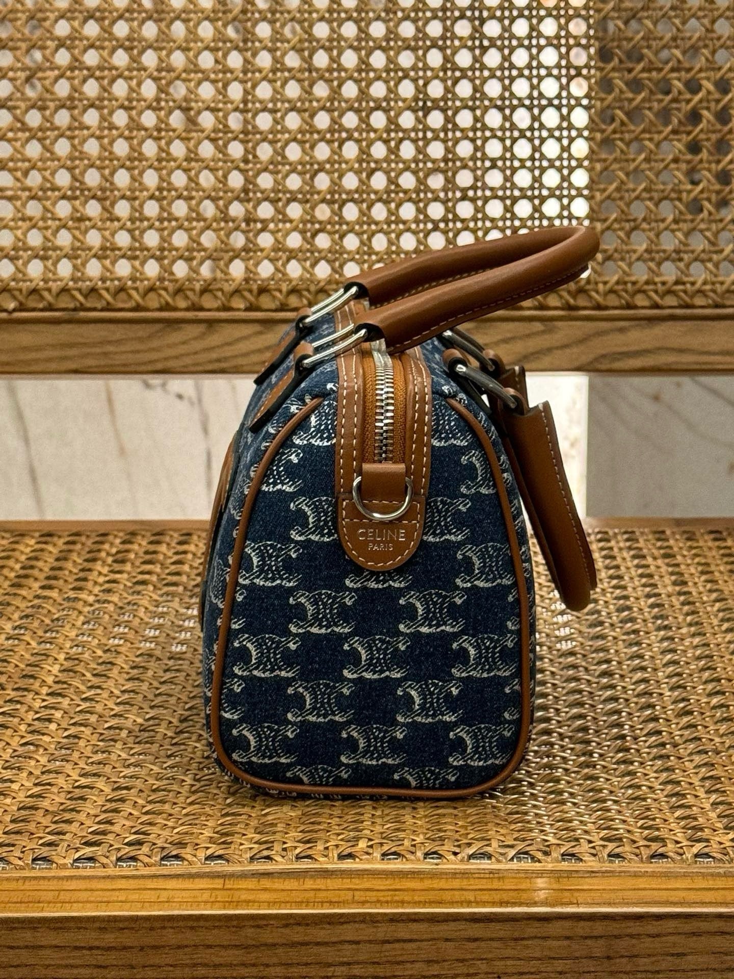 CELINE Denim Leather Boston Bag Blue 