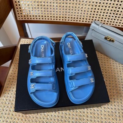 Chanel 24s Black Three-Stripe Thin Strap Velcro Sandals