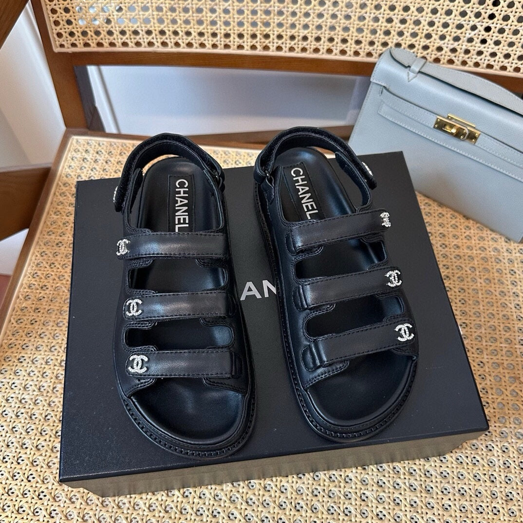 Chanel 24s Black Three-Stripe Thin Strap Velcro Sandals