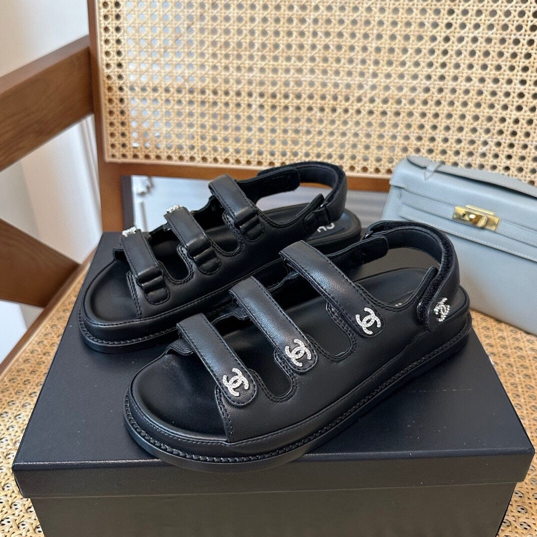 Chanel 24s Black Three-Stripe Thin Strap Velcro Sandals