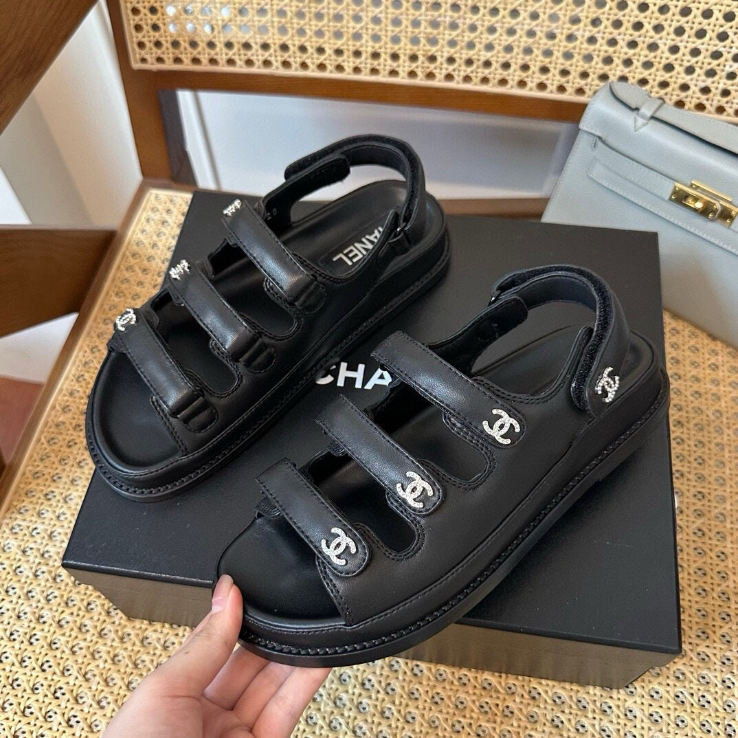 Chanel 24s Black Three-Stripe Thin Strap Velcro Sandals