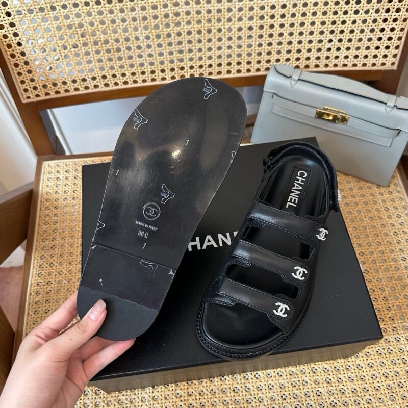 Chanel 24s Black Three-Stripe Thin Strap Velcro Sandals