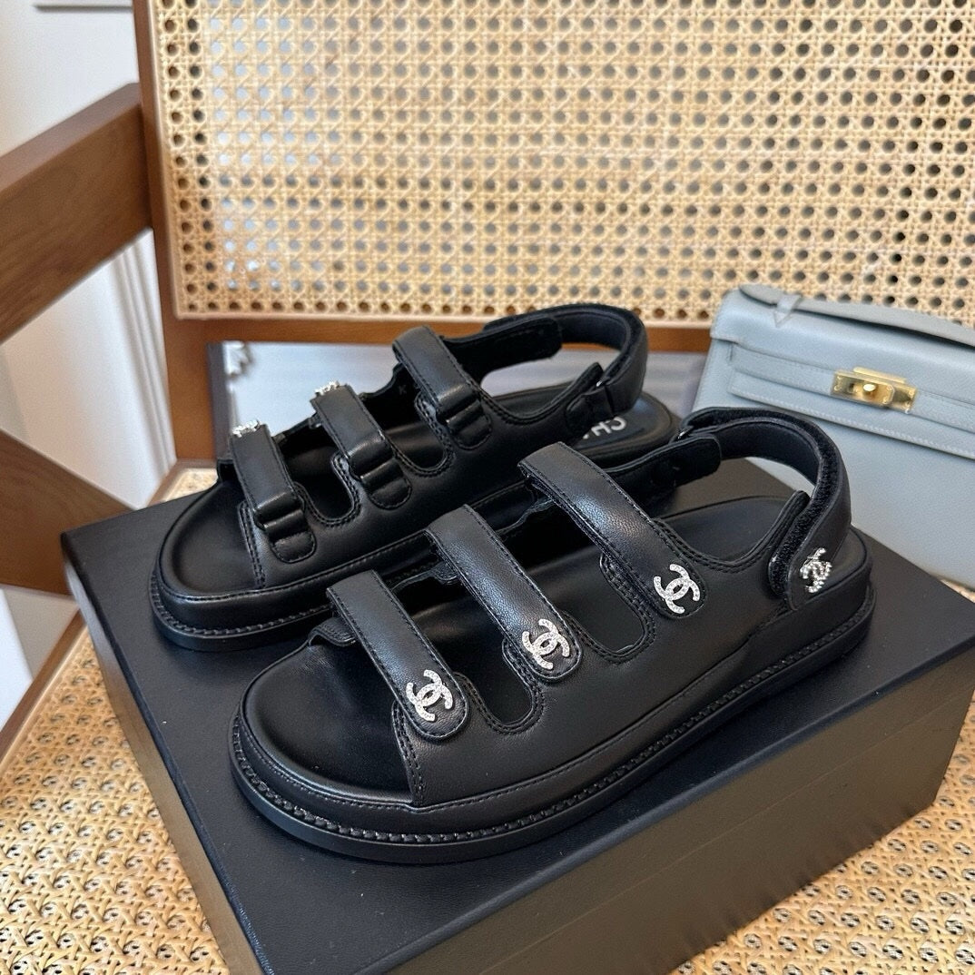 Chanel 24s Black Three-Stripe Thin Strap Velcro Sandals