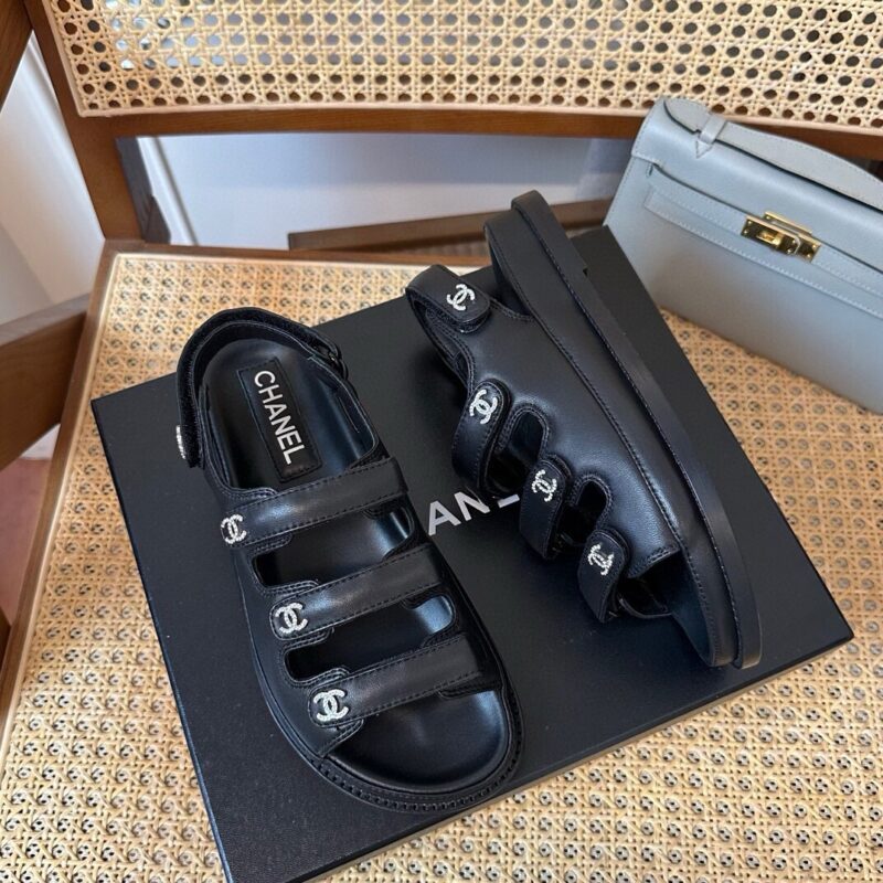 Chanel 24s Black Three-Stripe Thin Strap Velcro Sandals