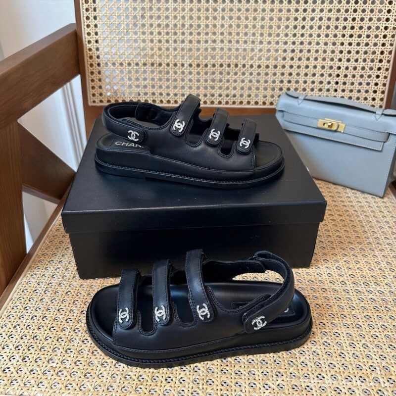 Chanel 24s Black Three-Stripe Thin Strap Velcro Sandals