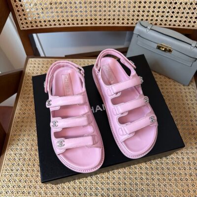 Chanel 24s Black Three-Stripe Thin Strap Velcro Sandals