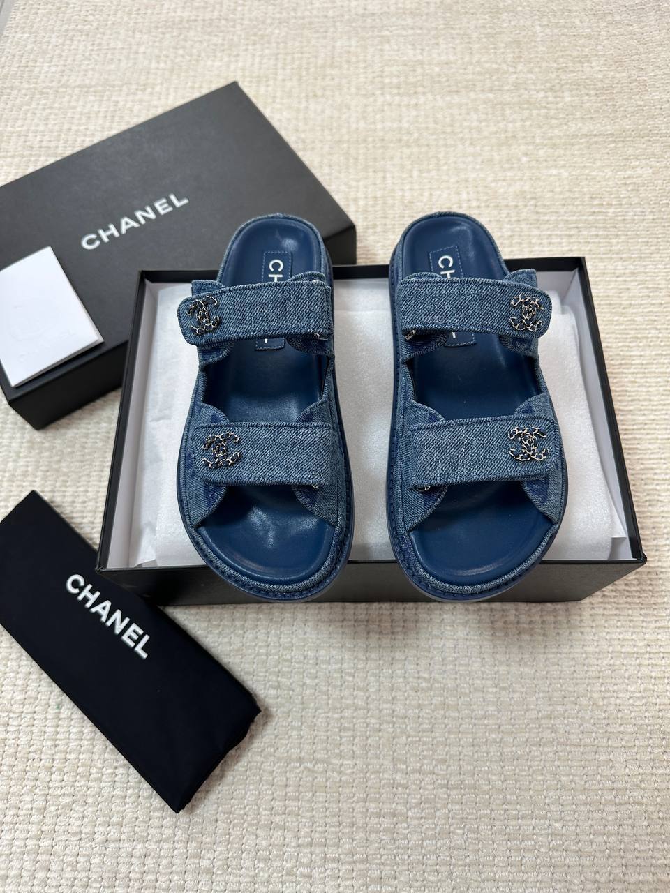 Chanel Black Fishnet and Leather Dad Sandals