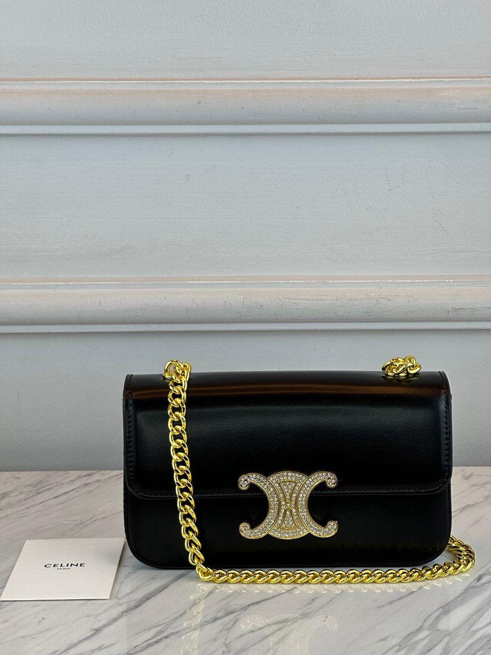 Celine Parlak Deri Stras Kapalı Zincir Omuz Çantası Claude - Glimmer of Luxury